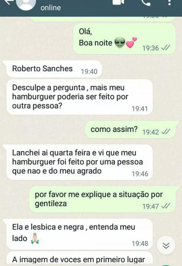 Funcionária de restaurante denuncia racismo e lesbofobia em mensagens de cliente.(Imagem:Arquivo Pessoal)