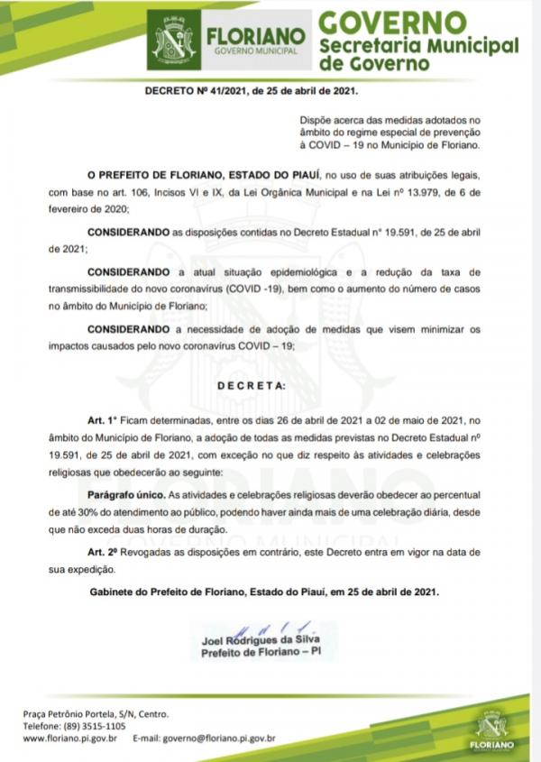 Floriano segue novo Decreto Estadual(Imagem:Reprodução)