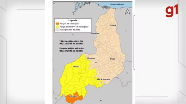 Cidades do Piauí estão em alerta para tempestades com queda de granizo e baixa umidade até sábado (8).(Imagem:Reprodução/Inmet)