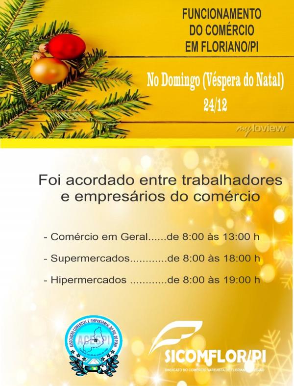 SICOMFLOR informa horário especial de funcionamento do comércio em Floriano na véspera de Natal.(Imagem:Divulgação)