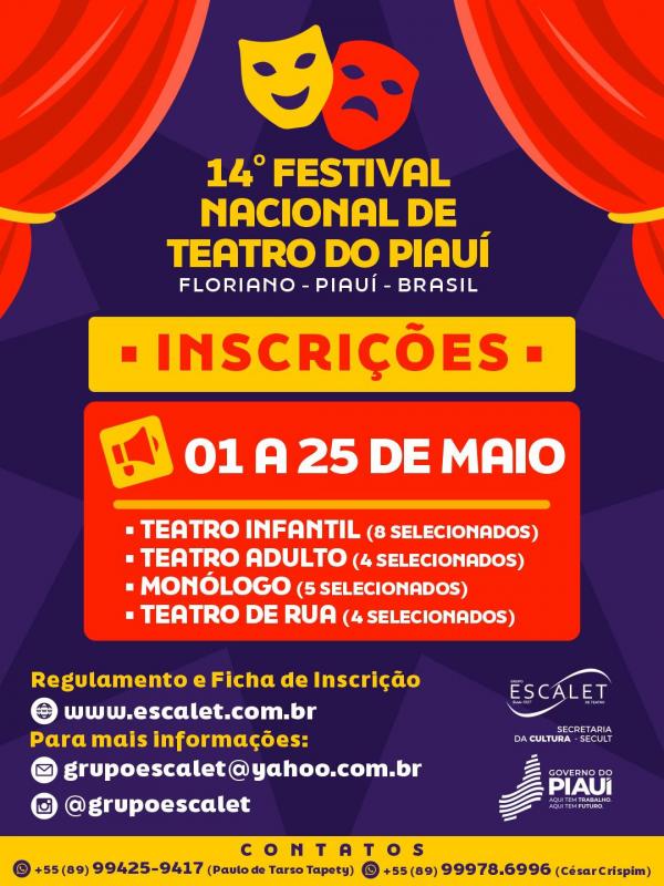 Inscri&ccedil;&otilde;es abertas para o 14&ordm; Festival Nacional de Teatro do Piau&iacute; em Floriano.(Imagem:Divulga&ccedil;&atilde;o)