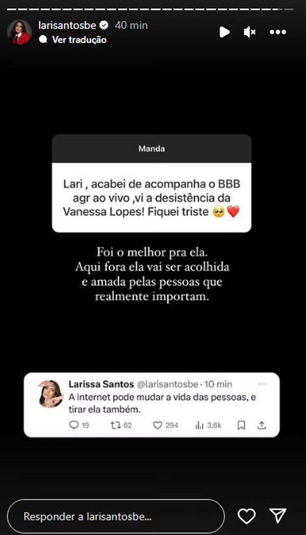 Famosas apoiam Vanessa Lopes após desistência do BBB 24(Imagem: Reprodução/Instagram)