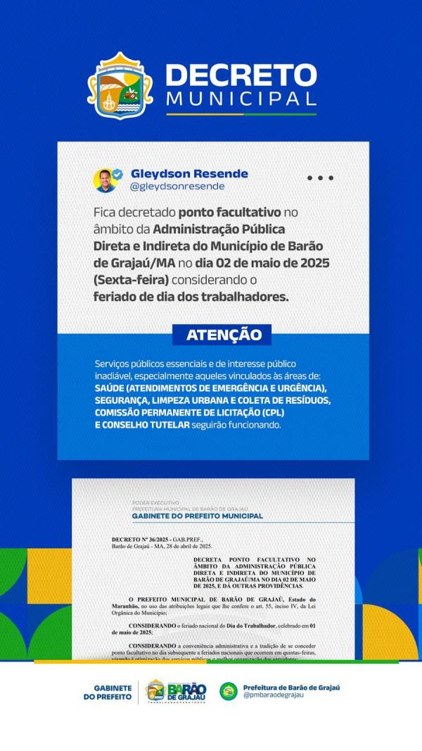 Prefeito Gleydson Resende decreta ponto facultativo em Barão de Grajaú no dia 2 de maio.(Imagem:Divulgação)