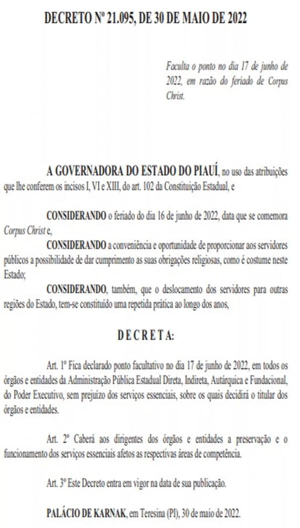  Governo do Piauí decreta ponto facultativo para repartições estaduais no dia 17 de junho, após feriado de Corpus Christi.(Imagem:Reprodução )