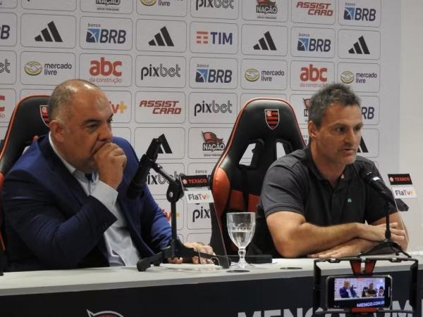 Marcos Braz e Bruno Spindel, do Flamengo, coletiva no Ninho.(Imagem:Fred Gomes / ge)