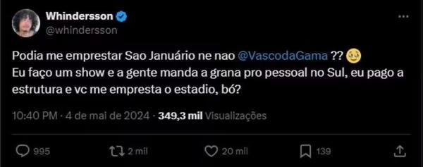 Whindersson Nunes pede a Vasco o Estádio São Januário 