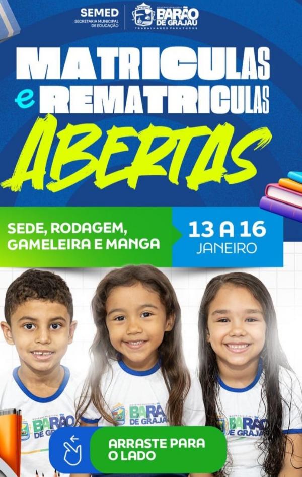 A Secretaria Municipal de Educa&ccedil;&atilde;o (SEMED) de Bar&atilde;o de Graja&uacute; anunciou o in&iacute;cio do per&iacute;odo de matr&iacute;culas e rematr&iacute;culas para o ano letivo de 2026. A a&ccedil;&atilde;o contempla tanto estudantes(Imagem:Reprodu&ccedil;&atilde;o)