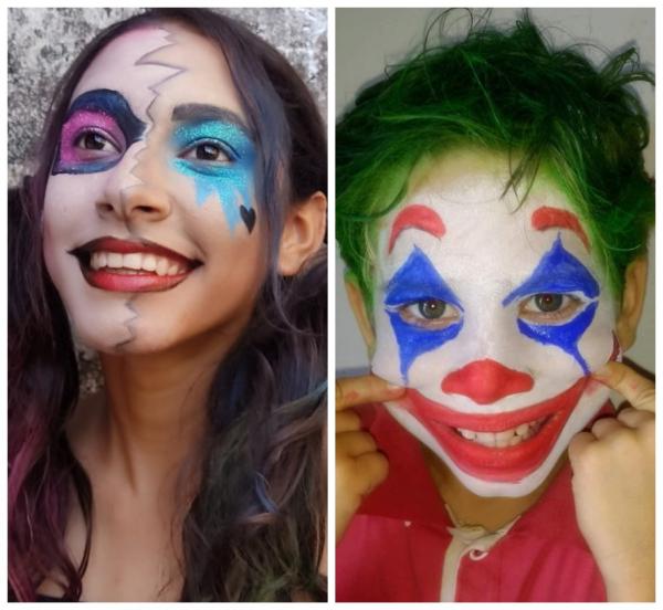 Maquiagem artística dos personagens Arlequina e Coringa.(Imagem:Reprodução/Instagram @dnaemcores)