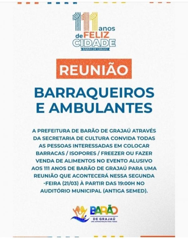 Prefeitura de Barão de Grajaú convoca vendedores ambulantes para reunião(Imagem:Divulgação)