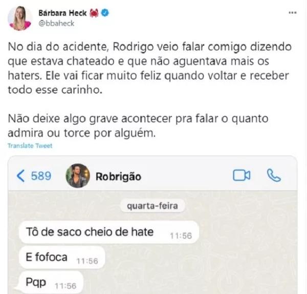 Conversa de Bárbara Heck e Rodrigo Mussi.(Imagem:Reprodução/Twitter)