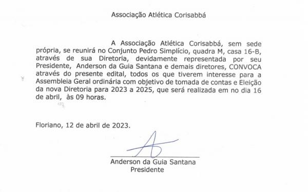 Associação Atlética Corisabbá convoca eleição para nova diretoria em Floriano.(Imagem:Divulgação)