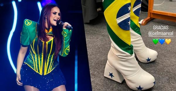 Dulce María, do RBD, usa bota dada por Joelma em último show no Brasil.(Imagem: Brazil News/Instagram)