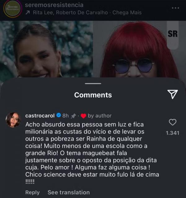 Carol Castro critica Grande Rio por colocar Virginia Fonseca como Rainha de Bateria.(Imagem:Reprodução/Instagram)