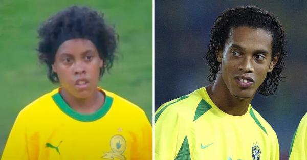 A filha perdida de R10? Miche Minnies, atacante sul-africana, ao lado de Ronaldinho Gaúcho.(Imagem: Reprodução; Getty Images)
