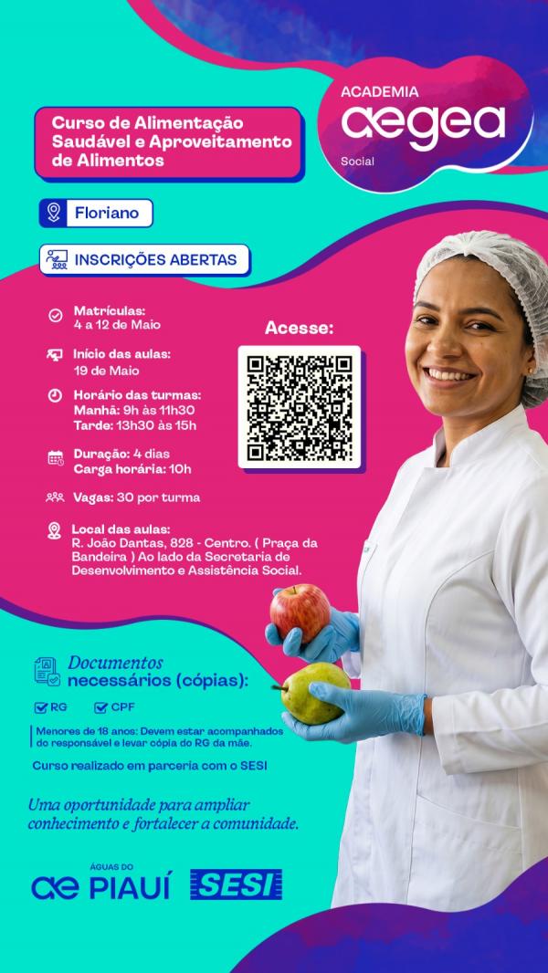 Academia Aegea Social inicia curso gratuito de alimenta&ccedil;&atilde;o saud&aacute;vel em Floriano e ainda oferece vagas abertas(Imagem:Divulga&ccedil;&atilde;o)