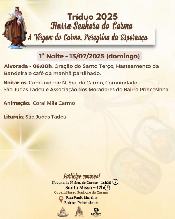 Tríduo 2025 em honra a Nossa Senhora do Carmo tem início neste domingo no bairro Princesinha(Imagem:Reprodução/Redes Sociais)
