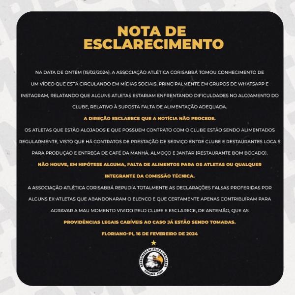 Associação Atlética Corisabbá esclarece rumores e repudia notícias falsas sobre condições de alojamento e alimentação de atletas.(Imagem:Reprodução/Instagram)