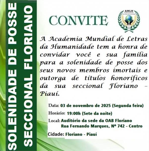 Academia Mundial de Letras da Humanidade realiza solenidade de posse em Floriano.(Imagem:Divulgação)