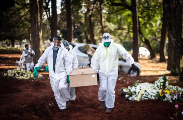 Funcionários vestindo roupas de proteção contra o coronavírus sepultam vítima da Covid-19 em cemitério(Imagem:Werther Santana/Estadão Conteúdo)