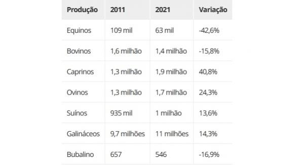 Variação na produção de animais no Piauí entre 2011 e 2021(Imagem: IBGE)