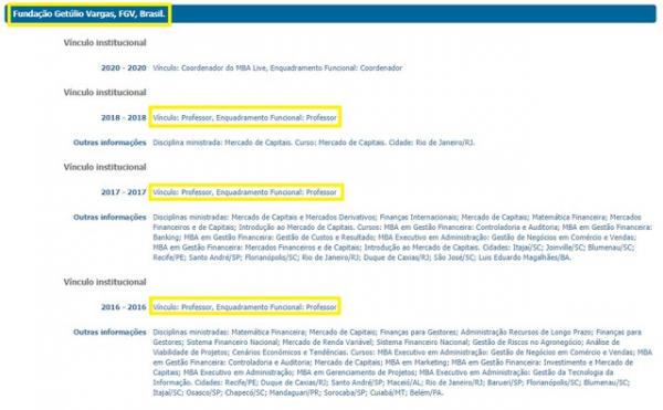 Trecho do currículo de Carlos Alberto Decotelli, em que aparece o vínculo como professor da FGV. Segundo a instituição, ele foi colaborador.(Imagem:Reprodução/Plataforma Lattes)