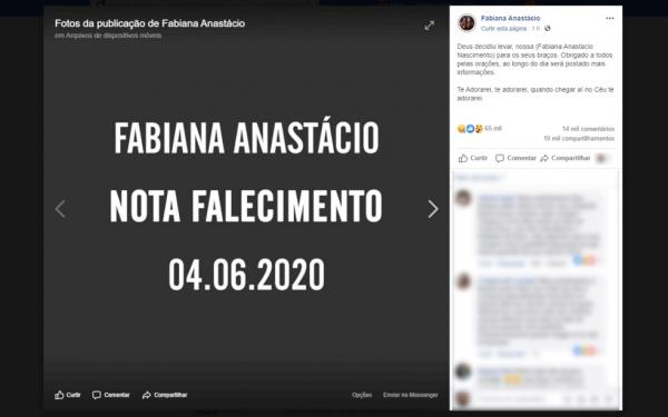 Nota de falecimento publicada no perfil da artista nas redes sociais.(Imagem: Reprodução/Facebook)