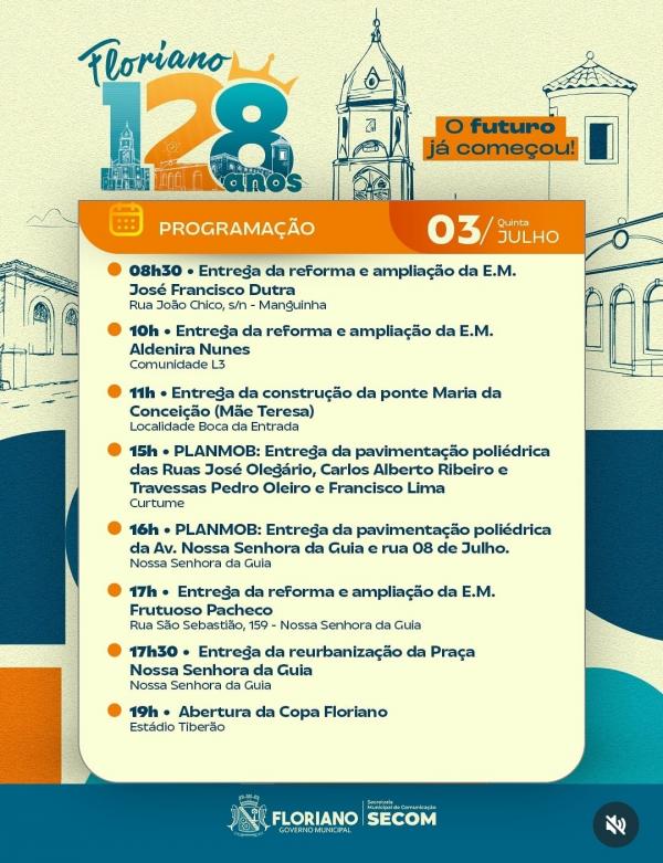 Programação do aniversário de 128 anos de Floriano (Imagem:Reprodução/Instagram)