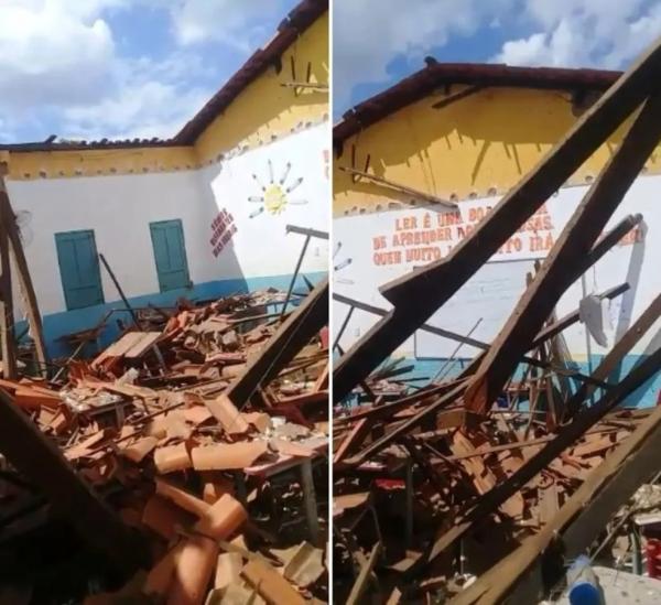 Teto de escola desaba no Piauí após estrutura de madeira romper; uma pessoa ficou ferida.(Imagem:Reprodução)