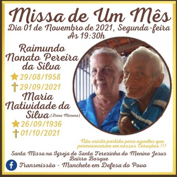 Convite: Missa de um mês de falecimento de Raimundo Nonato e Maria Natividade(Imagem:Divulgação)