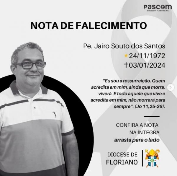 Diocese de Floriano informa o falecimento do Reverendo Padre Jairo Souto dos Santos(Imagem:Reprodução/Instagram)