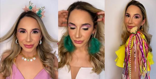 Look Sereia / Look Índia / Acessórios com glitter e fitas coloridas.(Imagem:Reprodução/Instagram @chicadasilvabijouterias)