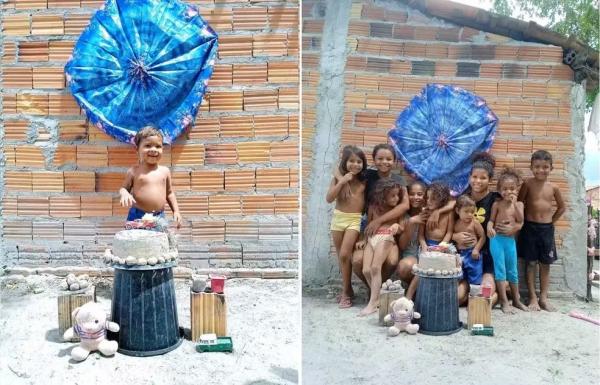 Menino comemora aniversário com bolo e docinhos de areia e comove internautas.(Imagem:Arquivo pessoal)