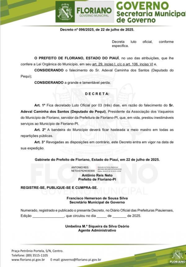 Prefeitura de Floriano decreta luto oficial de três dias pelo falecimento de Adeval Caminha(Imagem:Divulgação)