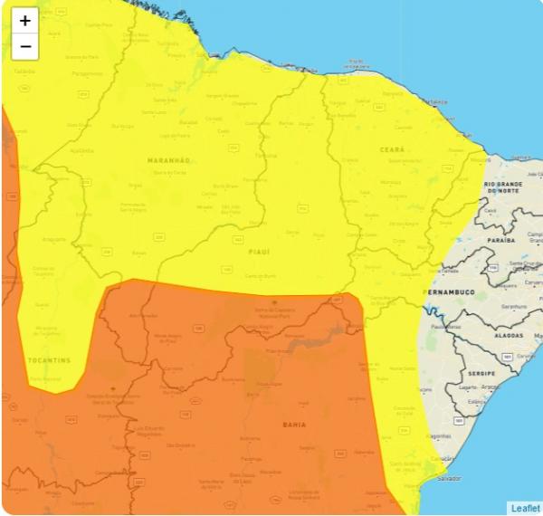 O Instituto Nacional de Meteorologia (Inmet) emitiu neste domingo (13) alertas amarelo e laranja de chuvas intensas para o estado do Piauí. O alerta tem duração de 24 horas.   De a(Imagem:Reprodução)