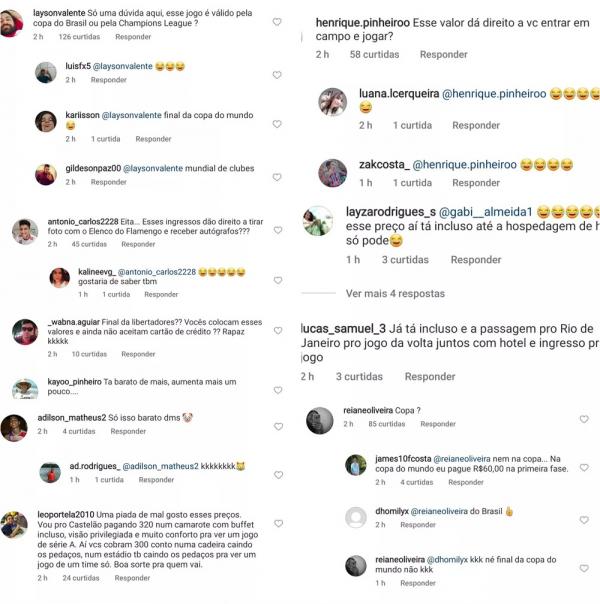 Torcedores reagem aos preços dos ingressos de Altos x Flamengo.(Imagem:Reprodução/Instagram )