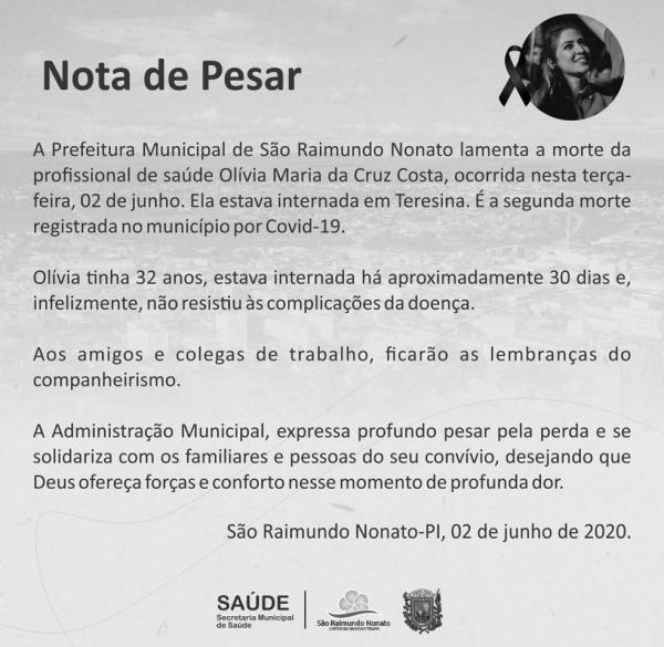 Prefeitura de São Raimundo Nonato lamentou a morte de Olívia Maria, em nota. (Imagem:Divulgação)