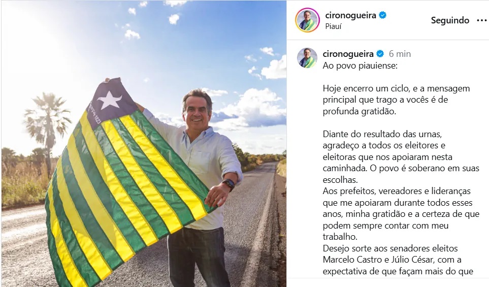Ciro Nogueira reconhece derrota e se despede do Senado após resultado das urnas
