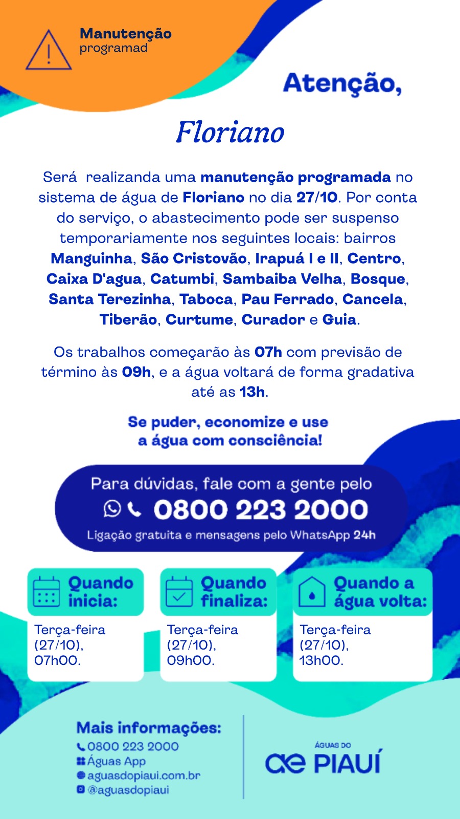 Águas do Piauí realiza manutenção no sistema de abastecimento e suspende temporariamente fornecimento em bairros de Floriano