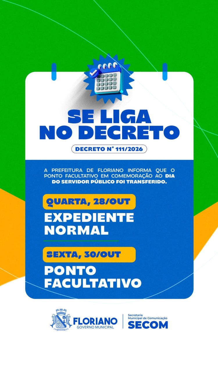Prefeitura de Floriano transfere ponto facultativo do Dia do Servidor Público para 30 de outubro

