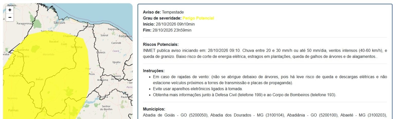 Defesa Civil emite alerta de tempestades com ventos fortes e risco de granizo em várias regiões do Piauí nesta quarta (28)

