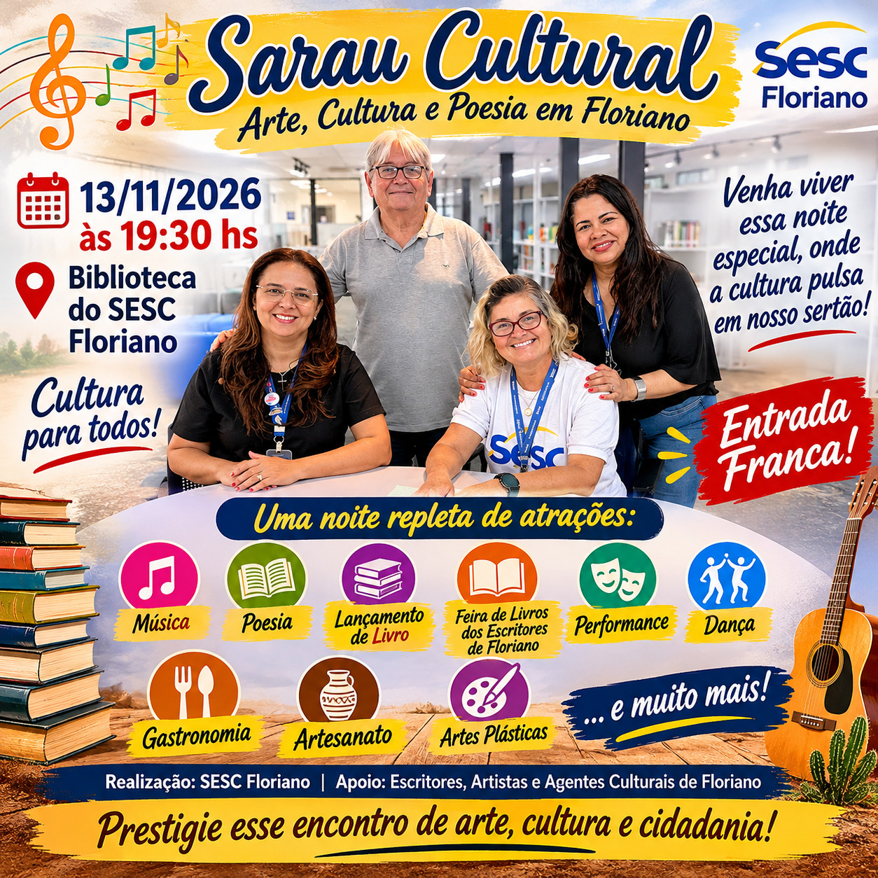 Sarau Cultural reúne arte, música e poesia no dia 13 de novembro no Sesc Floriano